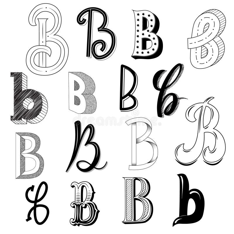 Hand Drawn Set Of Different Writing Styles For Letter B Stock Vector