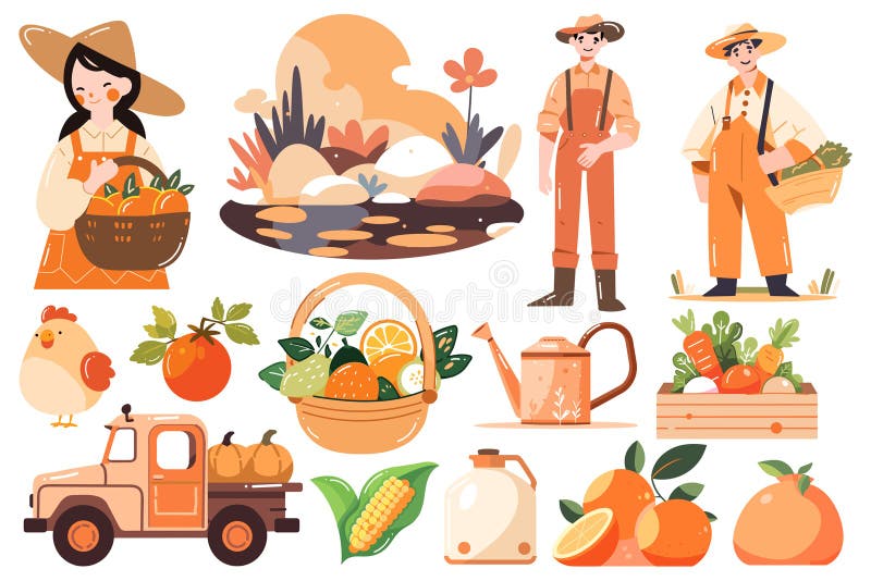 Hand Drawn Set of Farmer and farm objects in flat style vector illustration