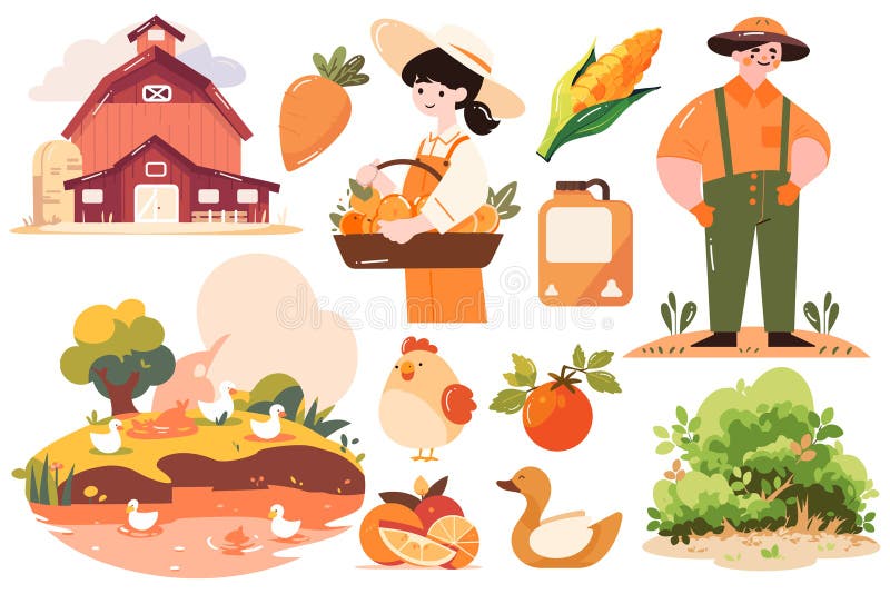 Hand Drawn Set of Farmer and farm objects in flat style stock illustration