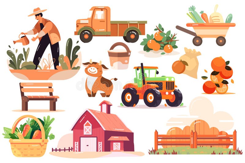 Hand Drawn Set of Farmer and farm objects in flat style vector illustration