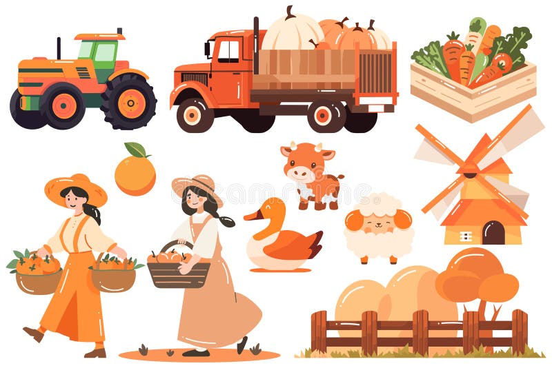Hand Drawn Set of Farmer and farm objects in flat style stock illustration