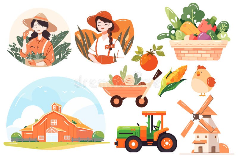 Hand Drawn Set of Farmer and farm objects in flat style royalty free illustration
