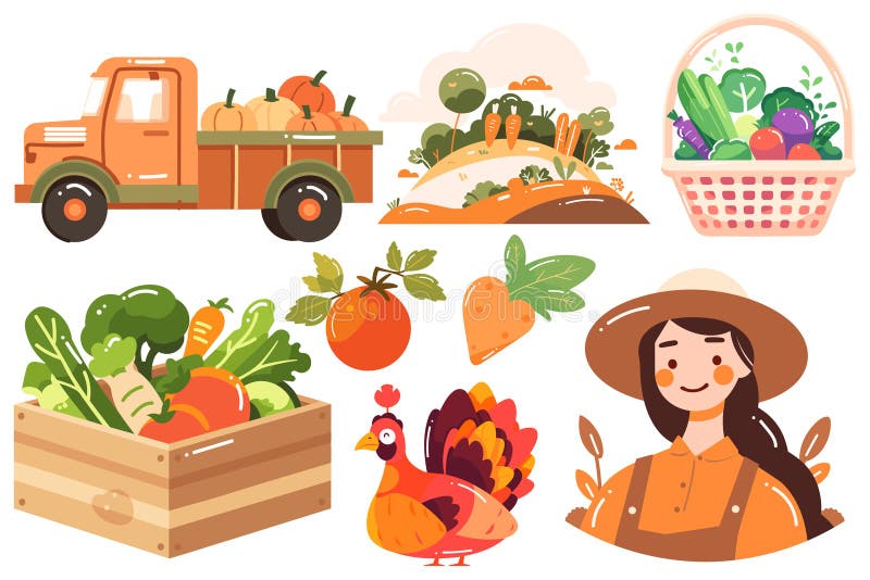 Hand Drawn Set of Farmer and farm objects in flat style royalty free illustration