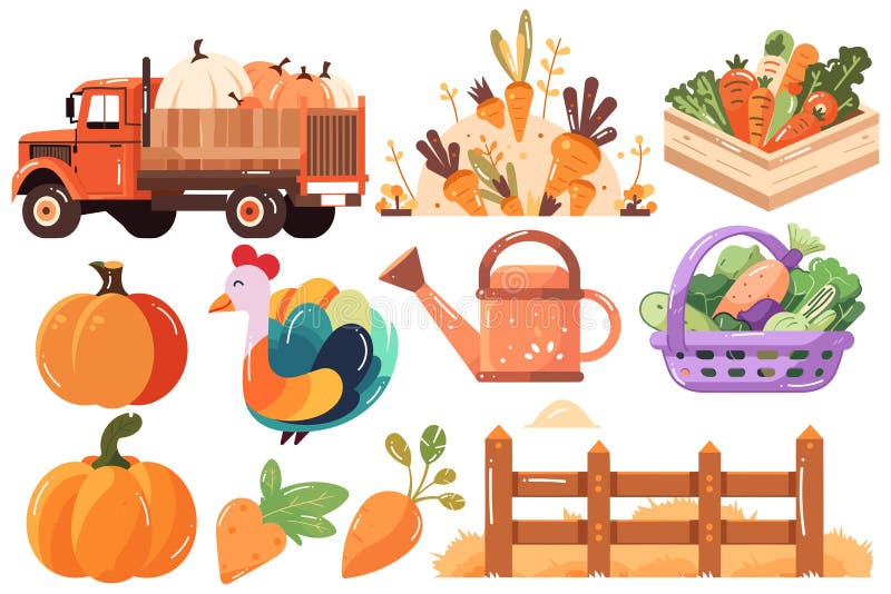 Hand Drawn Set of Farmer and farm objects in flat style stock illustration