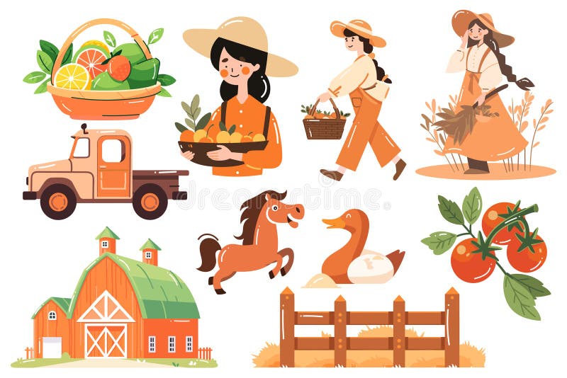 Hand Drawn Set of Farmer and farm objects in flat style vector illustration