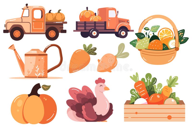 Hand Drawn Set of Farmer and farm objects in flat style vector illustration