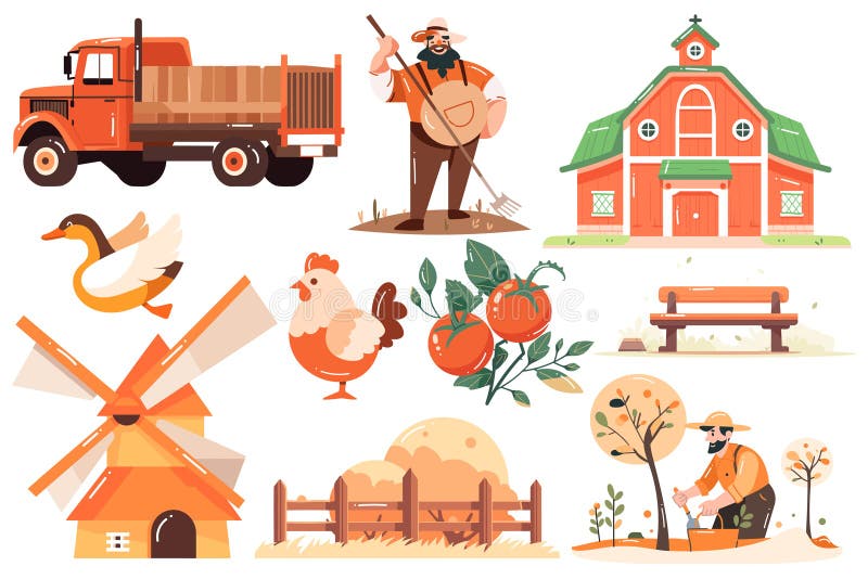 Hand Drawn Set of Farmer and farm objects in flat style royalty free illustration