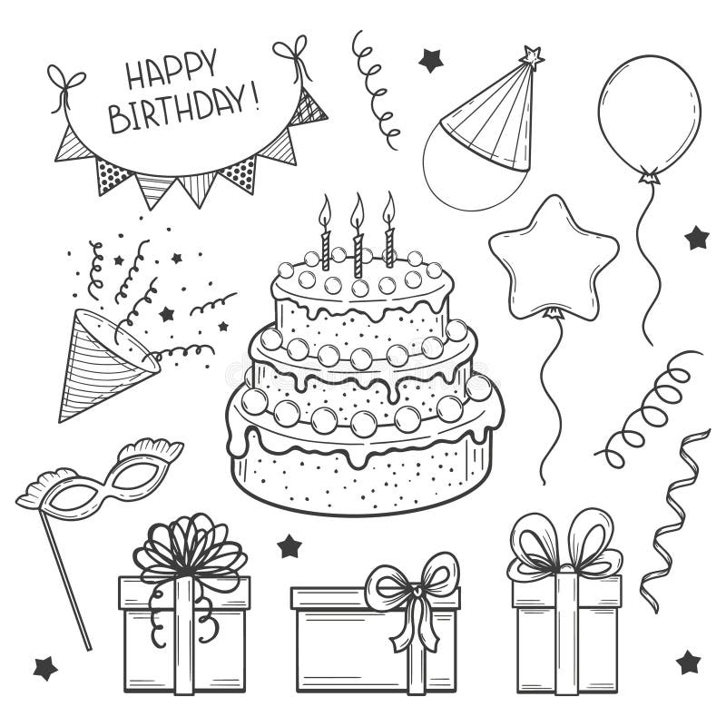Hand drawn set of festive elements. Happy Birthday vector illustration