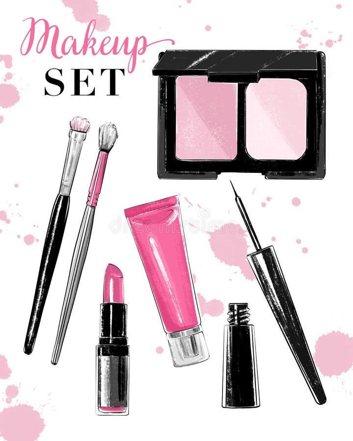 Hand drawn set with lipstick, brushes, eyeliner, cream tube, powder blush. Beautiful set with cosmetics for Makeup. Flat lay.
