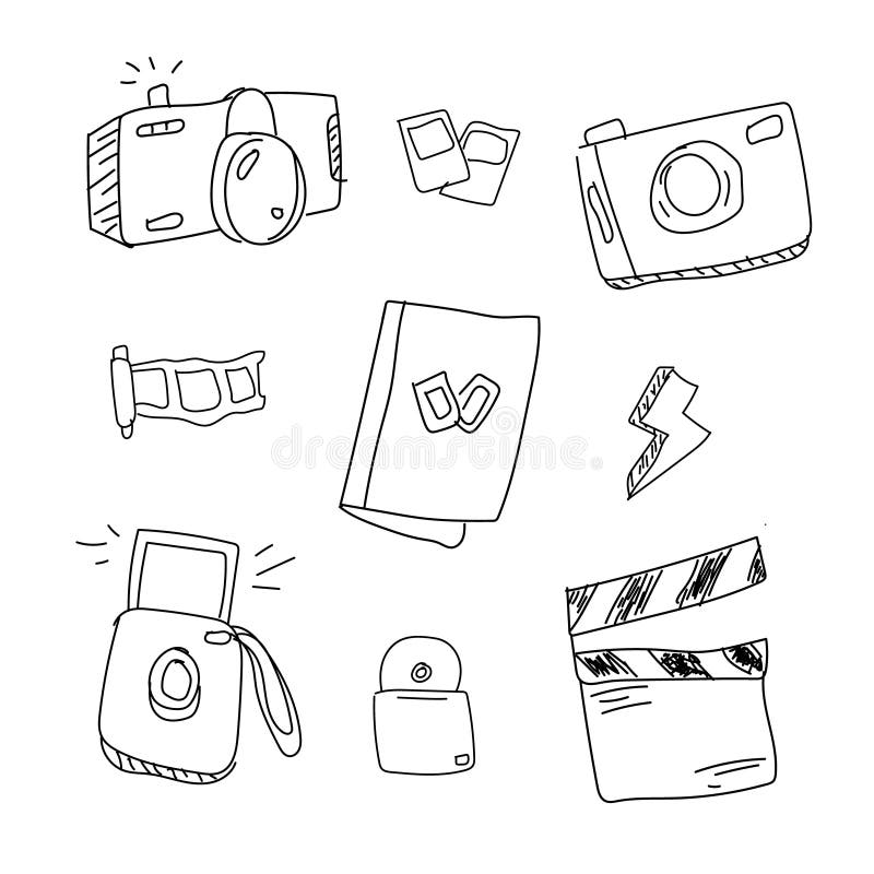 Hand drawn set of photo sticker line art doodle design stock illustration