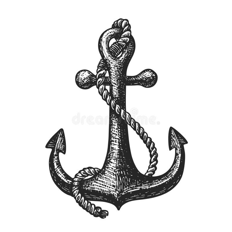 Vintage Anchor with Rope. Hand-drawn Sketch, Vector Illustration