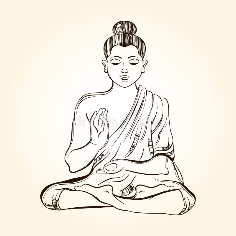 Hand Drawn Sitting Buddha in Meditation. Sketch for Ritual Tatto Stock