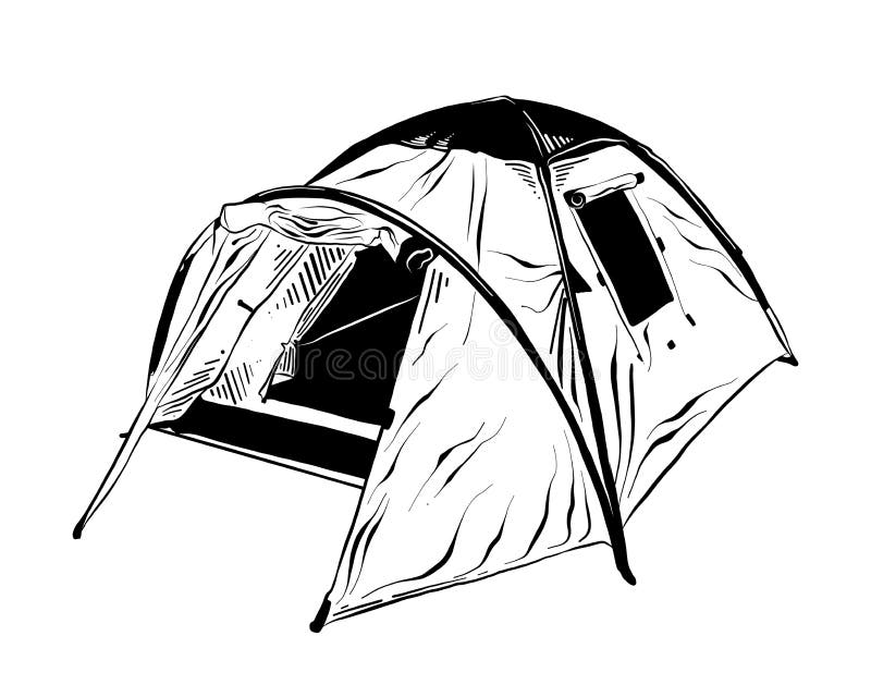 Hand drawn sketch of camping tent in black isolated on white background. Detailed vintage etching style drawing.