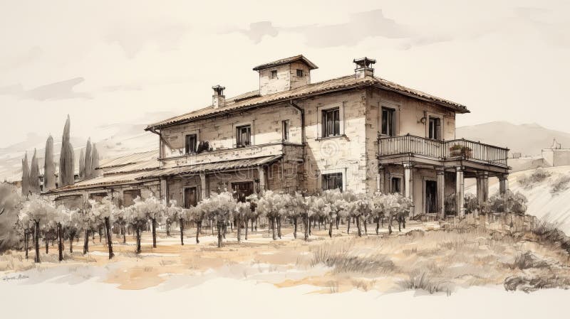 Hand Drawn Sketch Of Classic Shingle Architecture In Italian Vineyard vector illustration