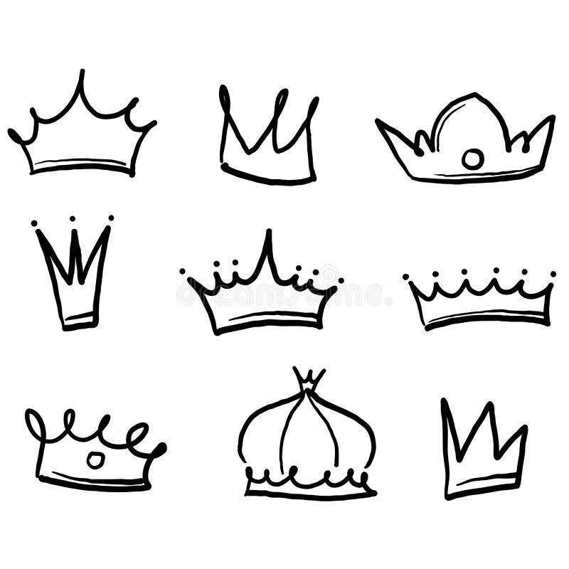 Sketch crowns. Hand drawn king, queen crown and princess tiara