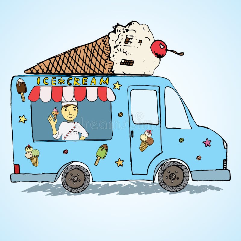 Hand drawn sketch Ice Cream Truck, Color and Playful with yang man seller and Ice Cream cone on top royalty free illustration Hand drawn sketch Ice Cream Truck, Color and Playful with yang man seller and Ice Cream cone on top royalty free illustration