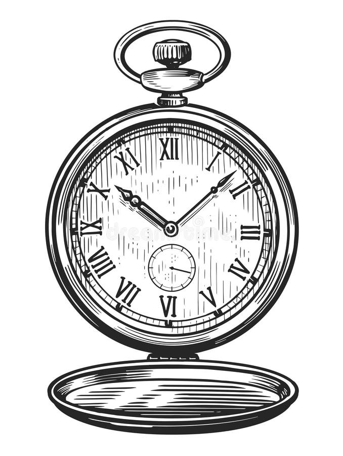 Vintage Pocket Watch. Retro Old Clock Isolated. Hand Drawn Sketch ...