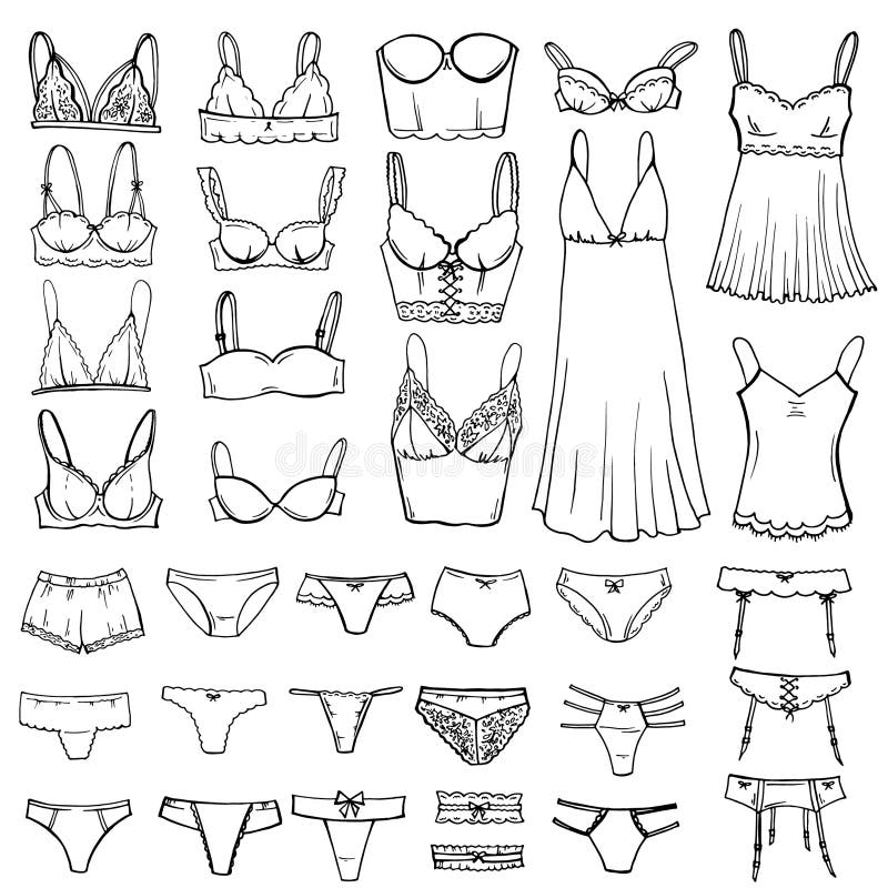 Hand Drawn Sketch Lingerie Set. Fashion Feminine Vector Icon