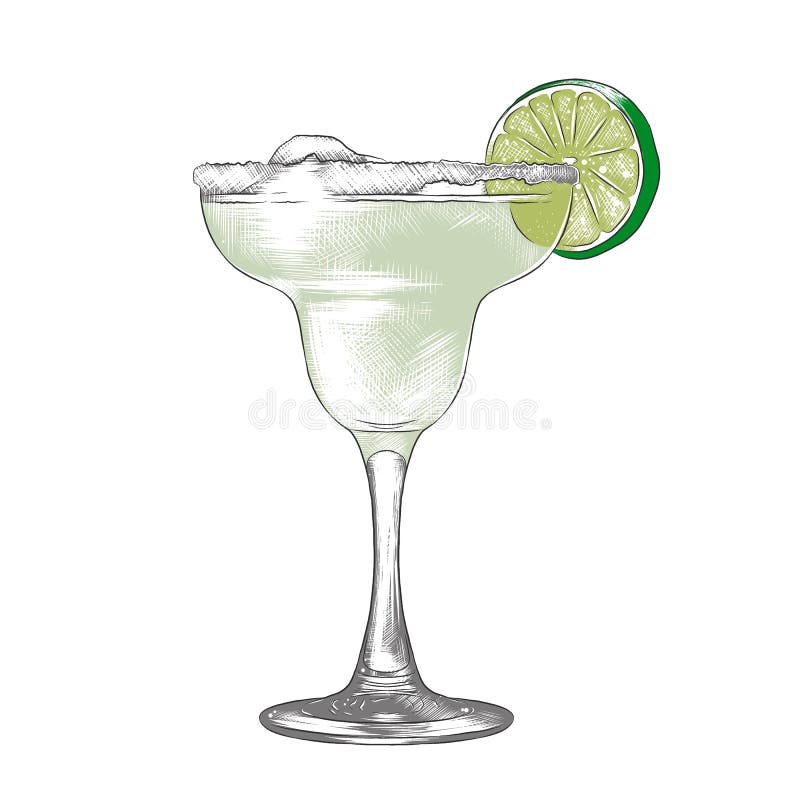 Hand drawn sketch of Margarita alcoholic cocktail, colorful isolated on white background. Detailed vintage woodcut style stock illustration Hand drawn sketch of Margarita alcoholic cocktail, colorful isolated on white background. Detailed vintage woodcut style stock illustration