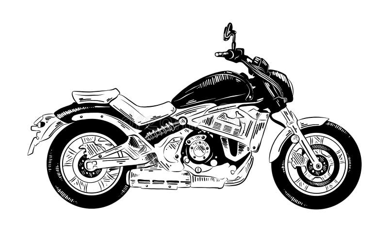Hand drawn sketch of motorcyrcle in black isolated on white background. Detailed vintage etching style drawing. stock illustration Hand drawn sketch of motorcyrcle in black isolated on white background. Detailed vintage etching style drawing. stock illustration