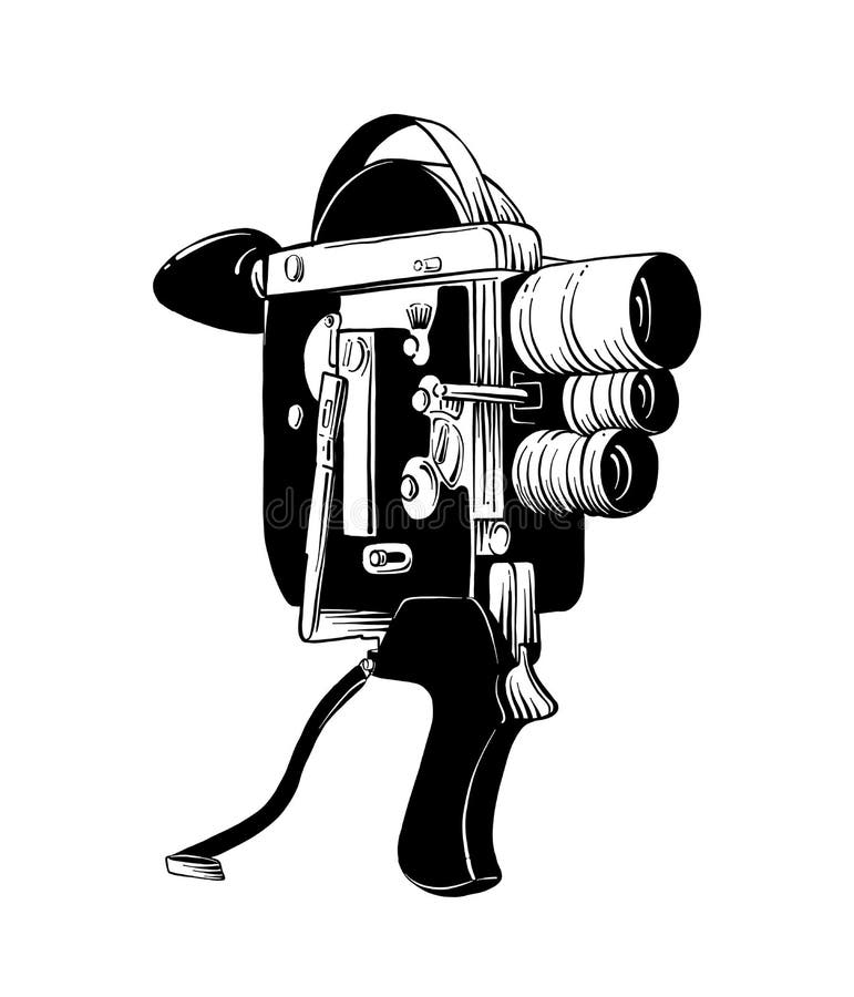 Hand drawn sketch of old video camera in black isolated on white background. Detailed vintage etching style drawing.