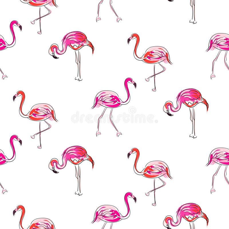 Hand drawn sketch pink flamingo seamless pattern. vector illustration