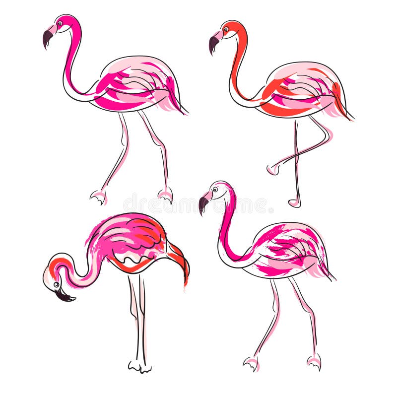 Hand drawn sketch pink flamingo vector set. stock illustration