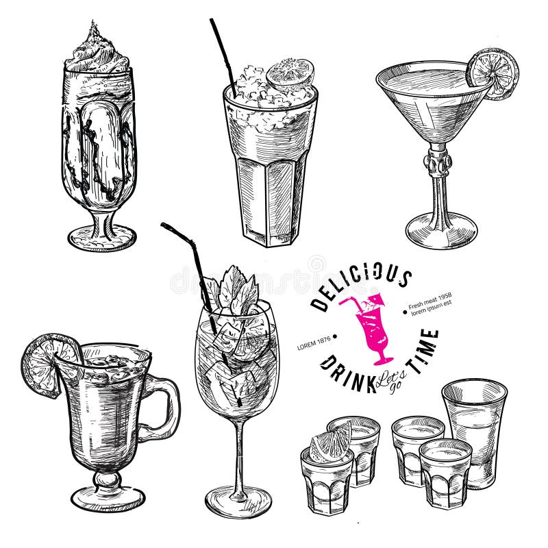 Hand drawn sketch set of alcoholic cocktails.