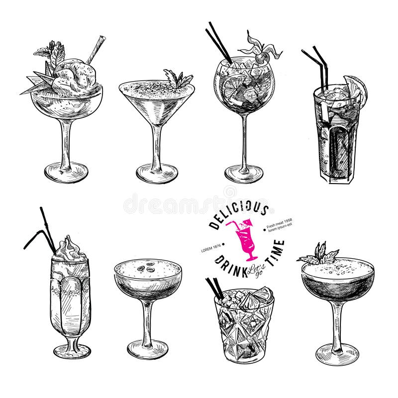 Hand drawn sketch set of alcoholic cocktails. vector illustration Hand drawn sketch set of alcoholic cocktails. vector illustration