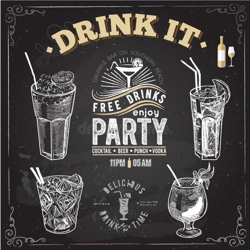 Hand drawn sketch set of alcoholic cocktails. Vector illustration