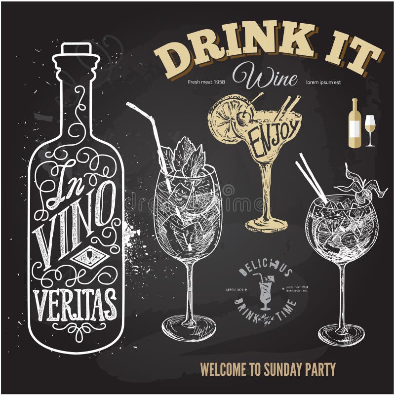 Hand drawn sketch set of alcoholic cocktails. Vector illustration