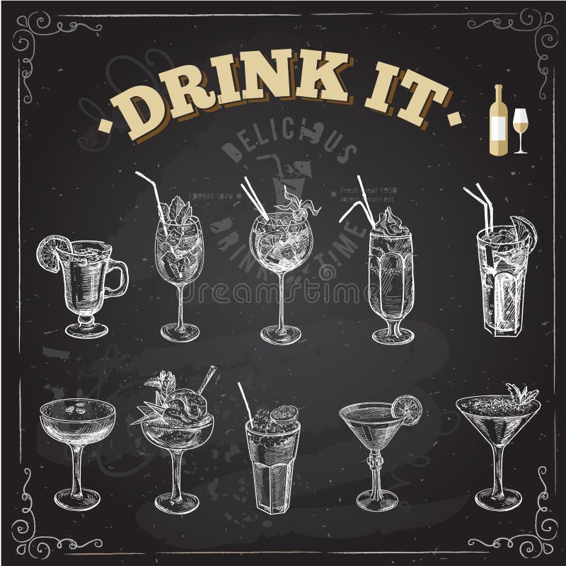 Hand drawn sketch set of alcoholic cocktails. Vector illustration