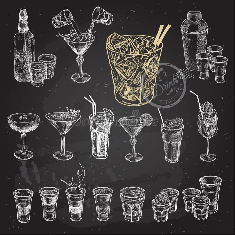 Hand drawn sketch set of alcoholic cocktails. Vector illustration