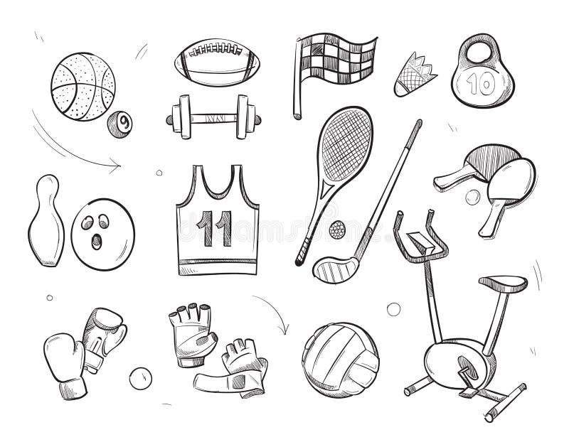 Hand drawn sketch sports fitness equipment vector doodle icons