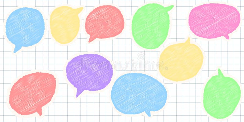 Hand drawn sketch style speech bubbles with chalk pencil texture on squared notebook paper, comic talk frames vector stock illustration