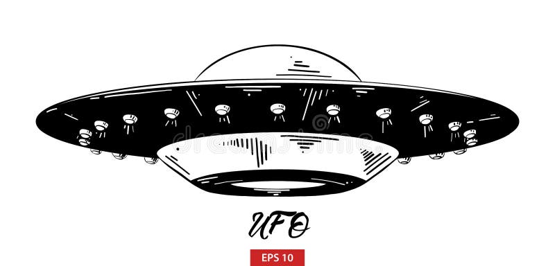 Hand drawn sketch of ufo in black isolated on white background. Detailed vintage etching style drawing.