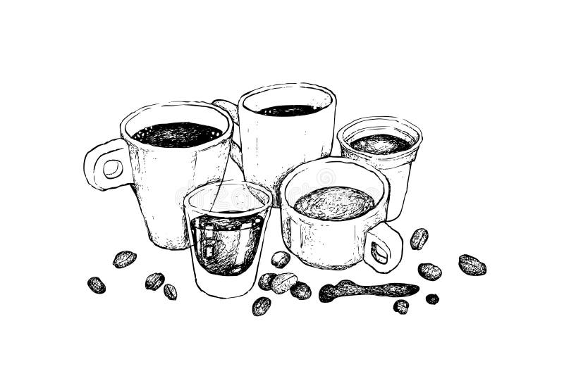 Illustration Hand Drawn Sketch of A Group of Coffee Cup, Mug