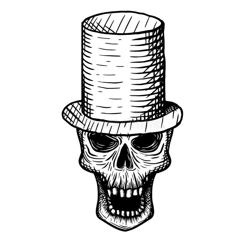 Hand-drawn Skull of a Dead Man in a Top Hat, on a White Background ...