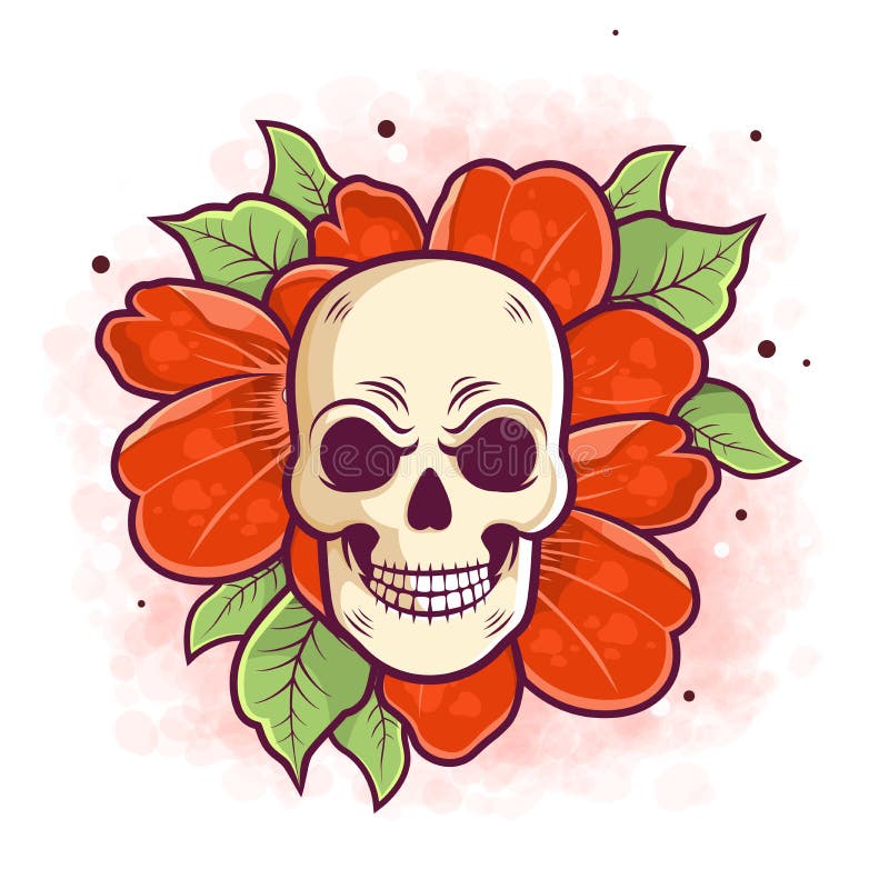 Hand Drawn Skull and Flower for Tattoo and Sticker Illustration Stock ...