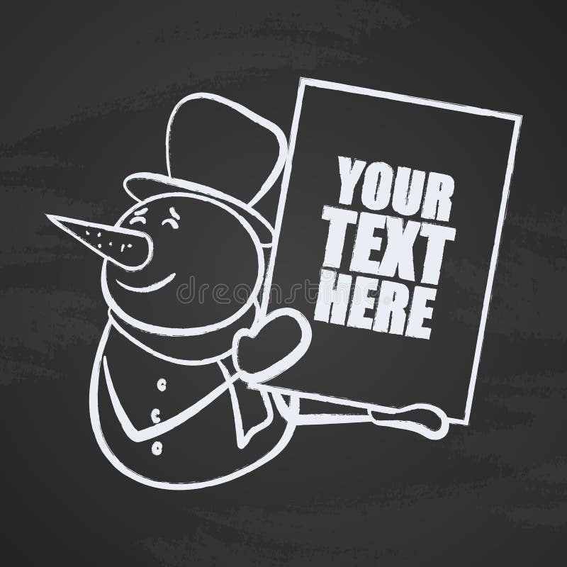 Vector illustration: Hand drawn smiling snowman with blank banner or poster in hands isolated on chalkboard background. Sketch line design