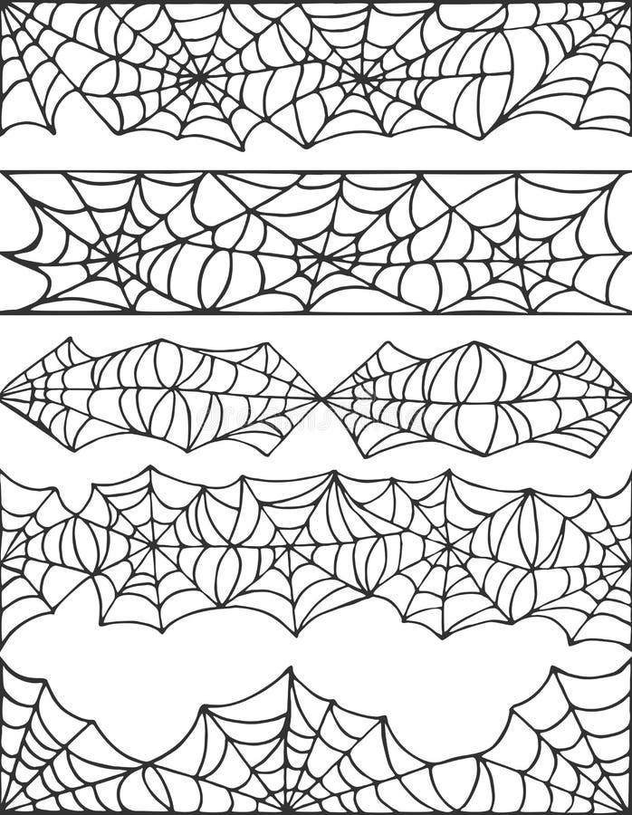 Hand Drawn Spider web Halloween symbol. Cobweb decoration elements collection. Halloween cobweb seamless borders for