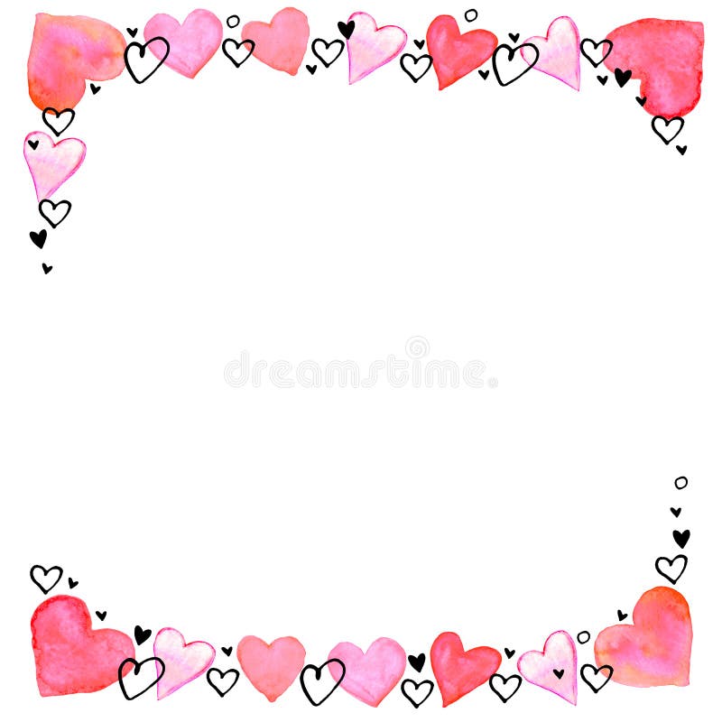 Hand drawn square frame, border from watercolor hearts. Romance symbol of love, background, decoration for invitation, Valentine`s day, greeting card, wedding