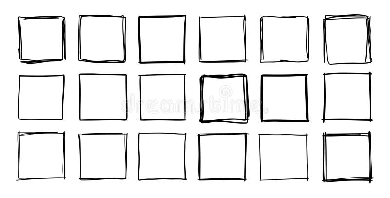 Hand drawn square frames. Doodle line square frame. Vector borders grunge template set. stock illustration