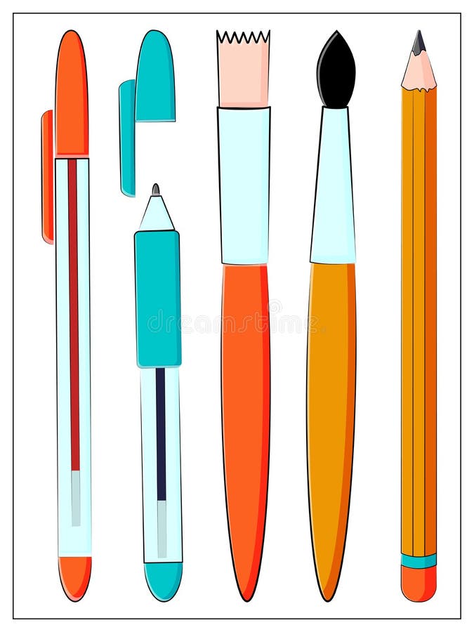 Vector Illustration. Drawn Set Of Stationery, Art Materials, Line Drawing  Pens And Pencils. Royalty Free SVG, Cliparts, Vectors, and Stock  Illustration. Image 126092655.