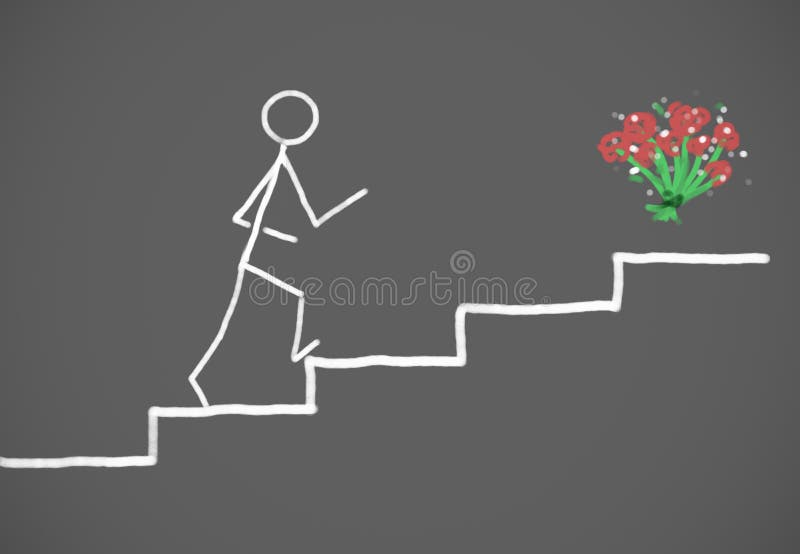 Hand drawn stick figure heading for a bouquet of roses or flowers