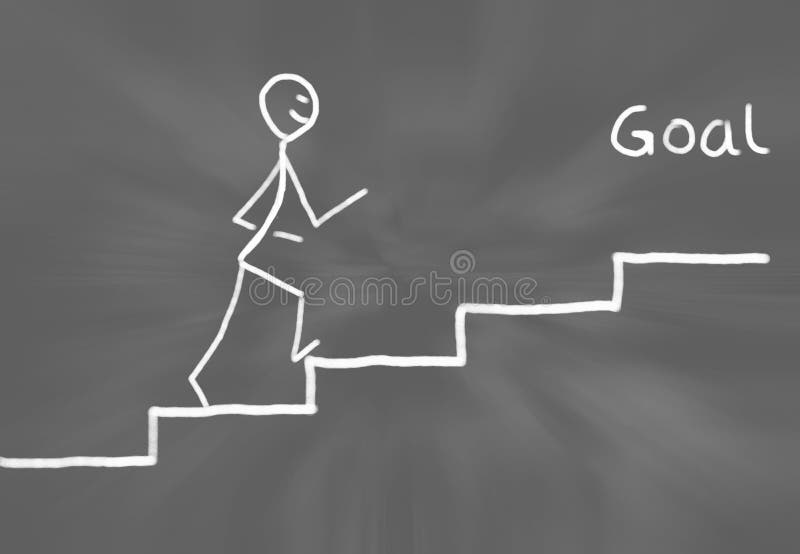 Hand drawn stick figure heading forward step by step at a flat staircase to reach a Goal