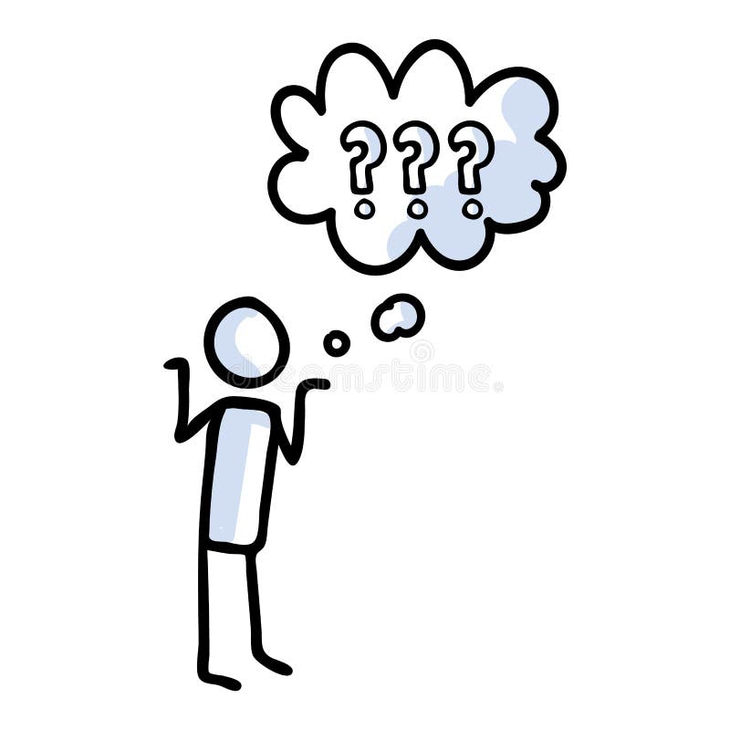 Hand drawn stickman confused with speech bubble question mark. Simple outline curious doodle icon clipart. For question stock illustration