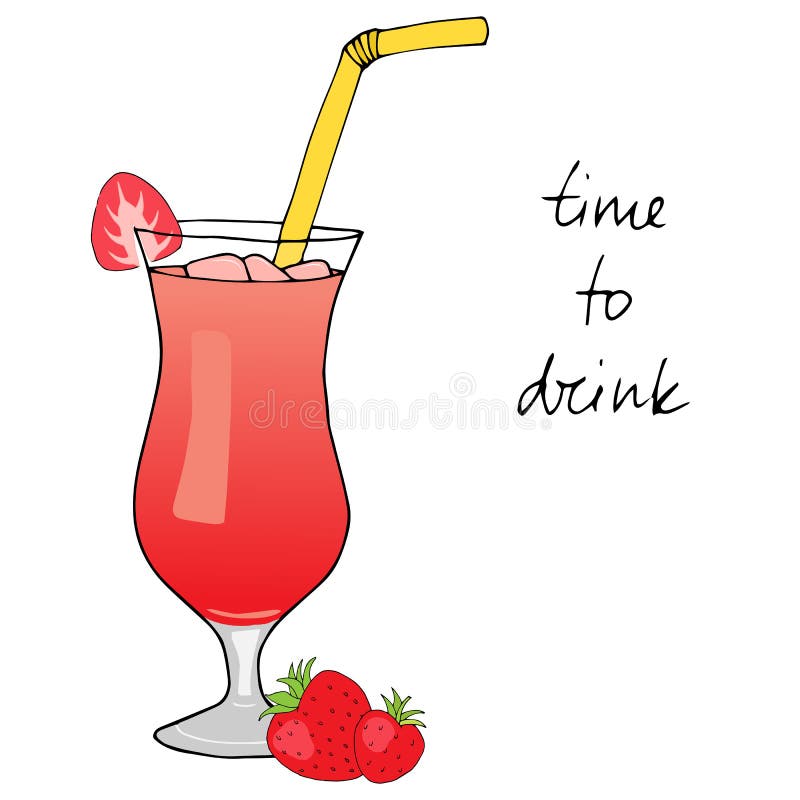 Hand drawn strawberry cocktail with ice, straw and strawberries.