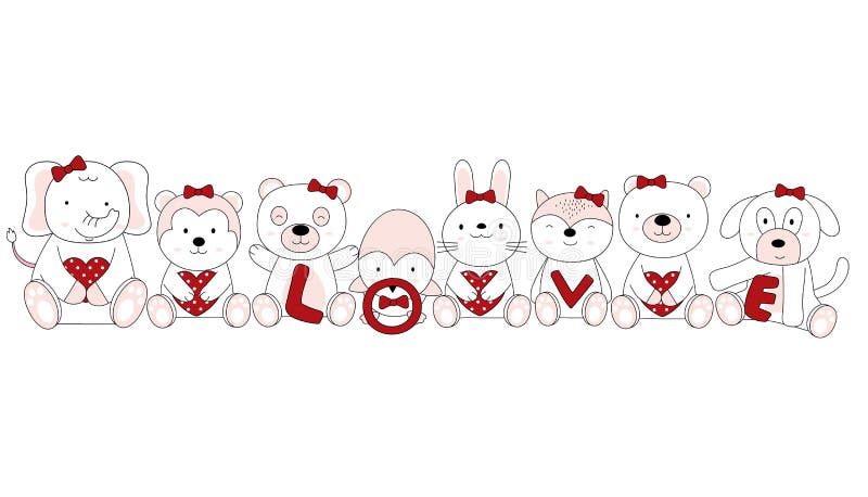 Hand drawn style. Cartoon sketch the cute posture baby animals with heart