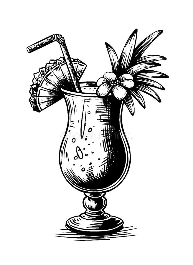 Hand Drawn Style. Tropical Colada Cocktail with Ice and Citrus Lemons ... Hand Drawn Style. Tropical Colada Cocktail with Ice and Citrus Lemons ...